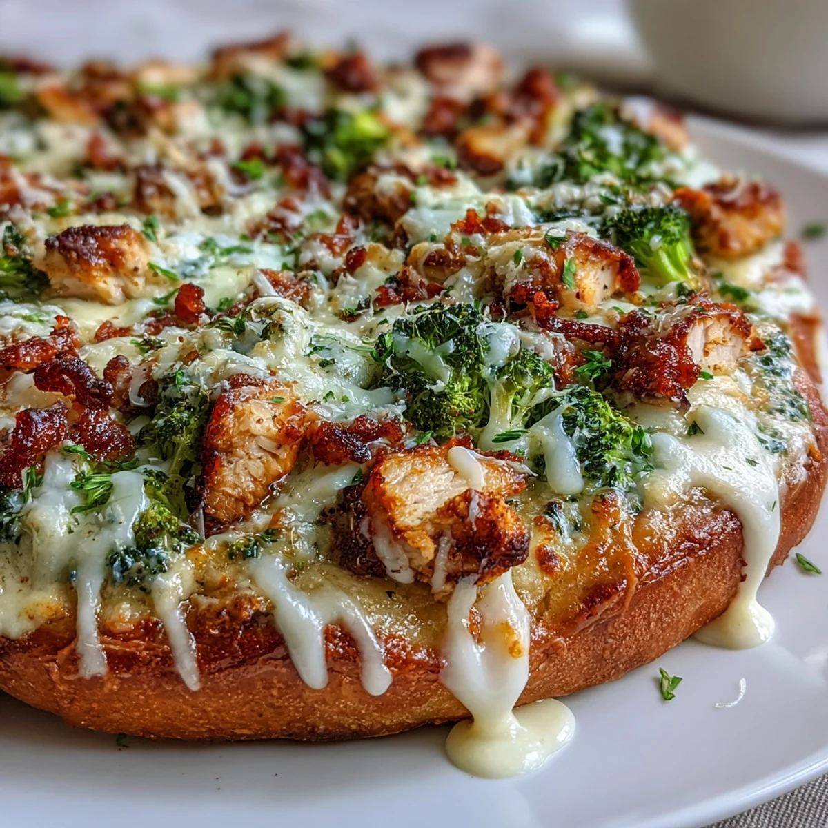 Garlic Parmesan Chicken & broccoli pizza features golden crust, creamy white sauce, and bubbling mozzarella, ready to slice for dinner.