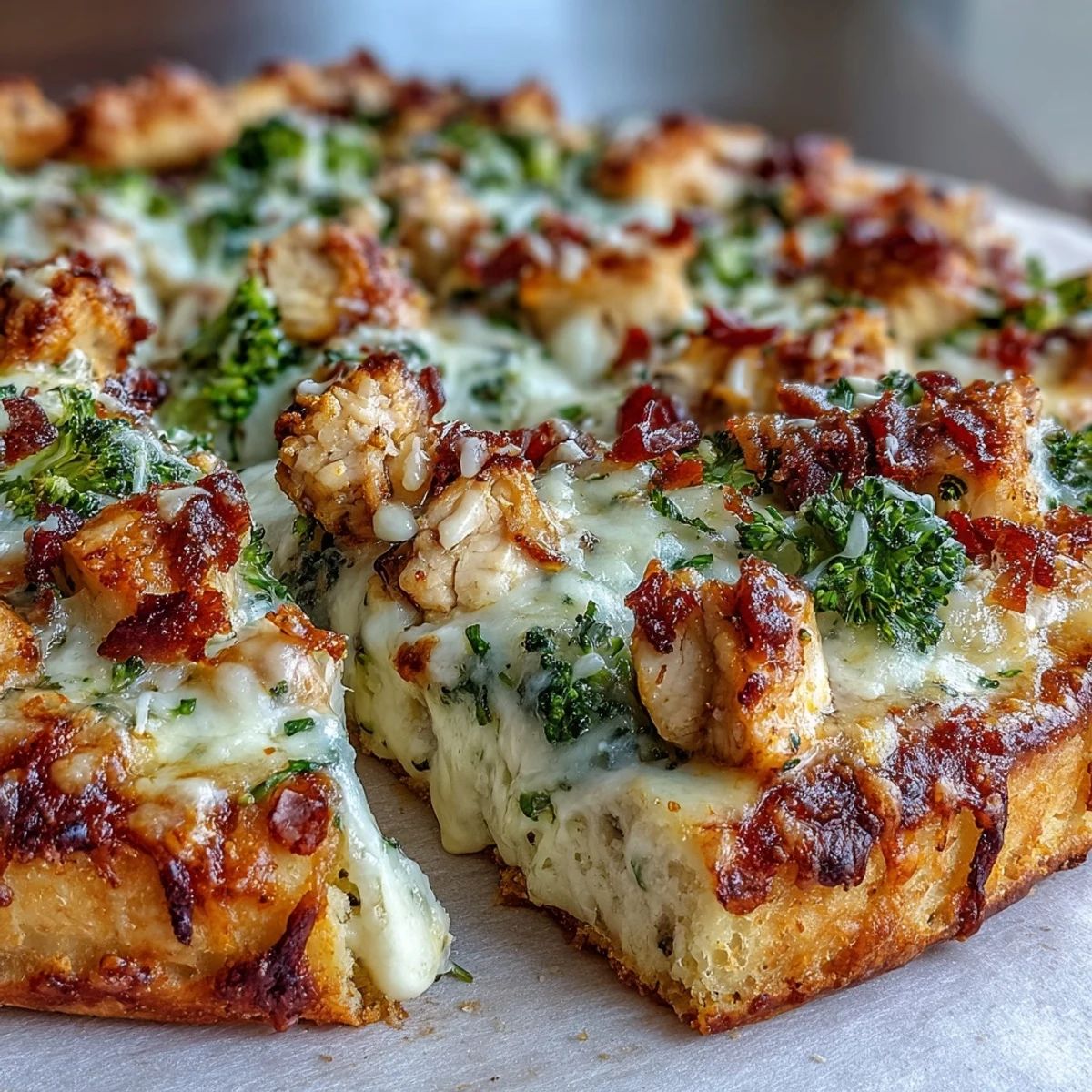 A close-up of Garlic Parmesan Chicken & broccoli pizza shows tender broccoli florets and juicy chicken over a cheesy garlic-Parmesan white sauce.
