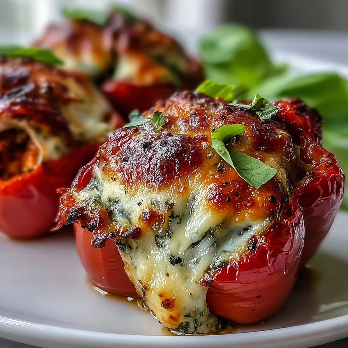 Golden baked pesto chicken stuffed sweet peppers with melted mozzarella and fresh basil garnish on a rustic wooden board.