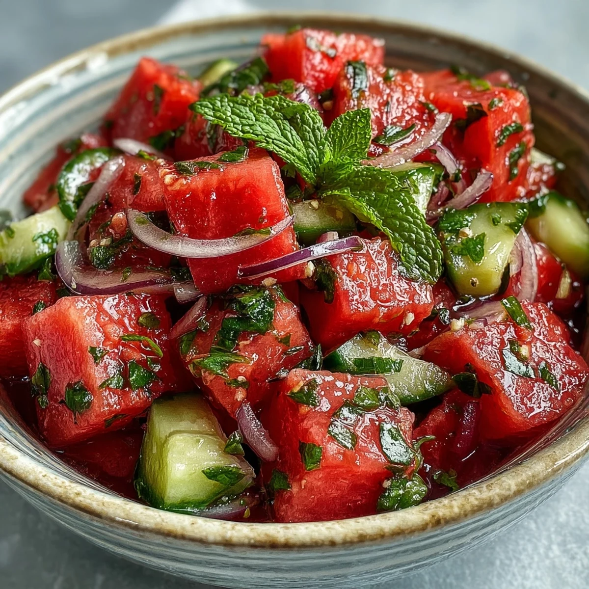Colorful Summer Watermelon Cucumber Mint Salad served chilled on a wooden table, garnished with fresh mint leaves and a sprinkle of diced red onion for extra crunch.