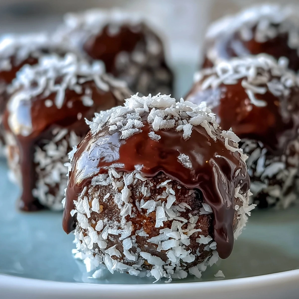 Vegan Chocolate Avocado Truffles coated in shredded coconut on a plate. Creamy, fudgy bite-sized treats are perfect for a healthy, plant-based dessert or snack.