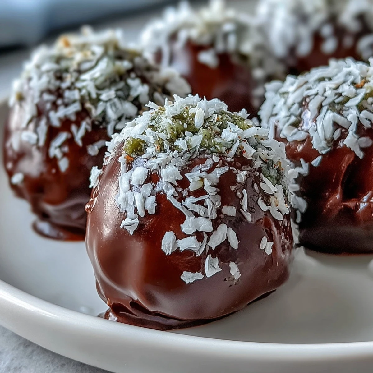 A close-up of Vegan Chocolate Avocado Truffles with a rich, dark chocolate center and shredded coconut coating. The glossy, decadent truffles look ready to enjoy.