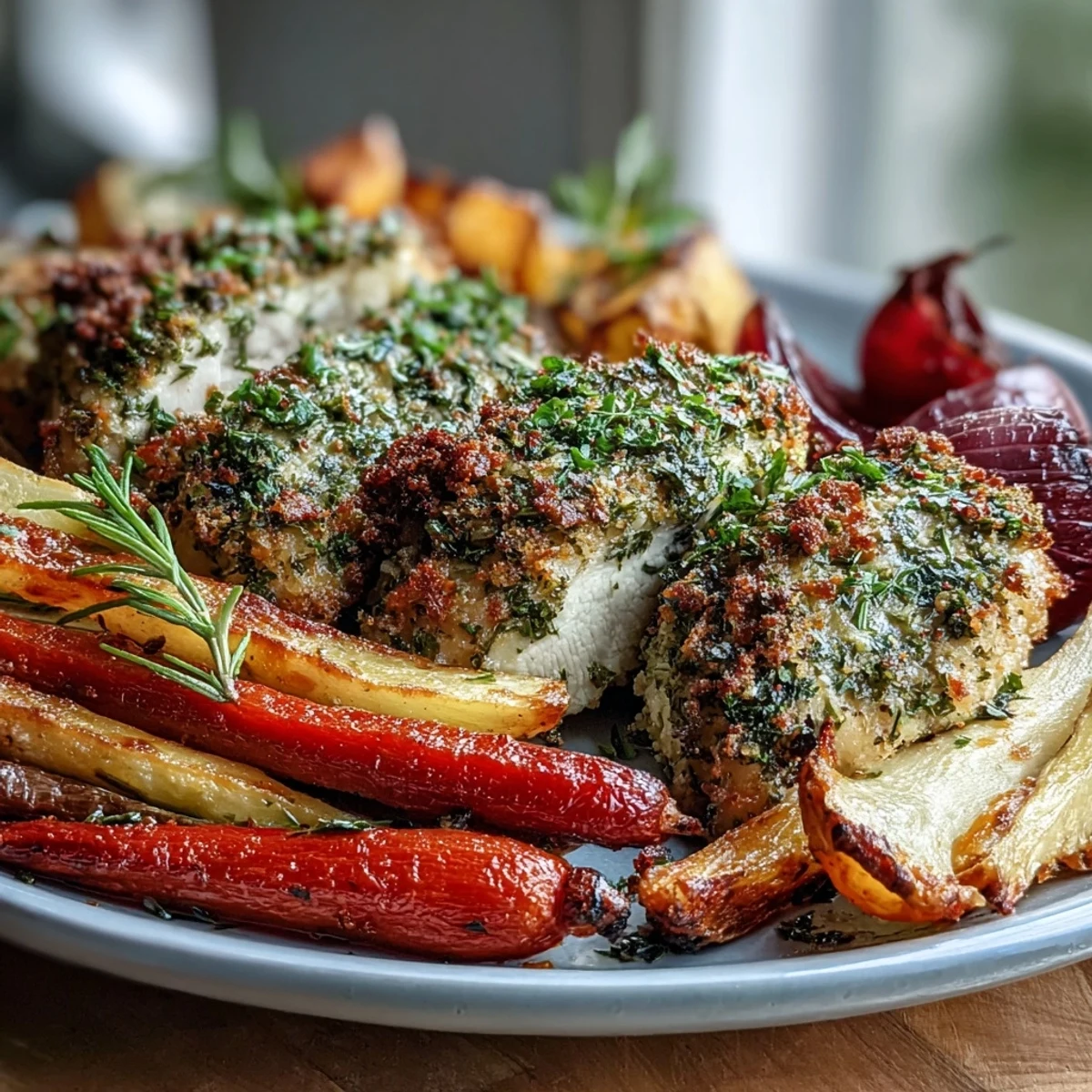 Succulent Sheet Pan Herb-Crusted Chicken with Root Vegetables, roasted golden and served straight from the pan for a wholesome weeknight dinner.