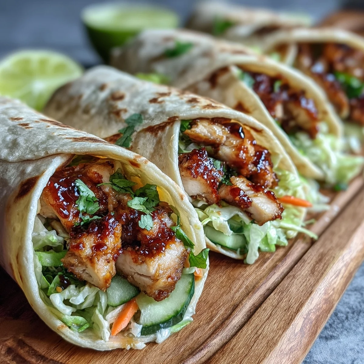 Close-up of Sweet Chili Chicken Wraps, showcasing succulent Asian-style chicken strips and crunchy fresh vegetables wrapped in a soft tortilla.