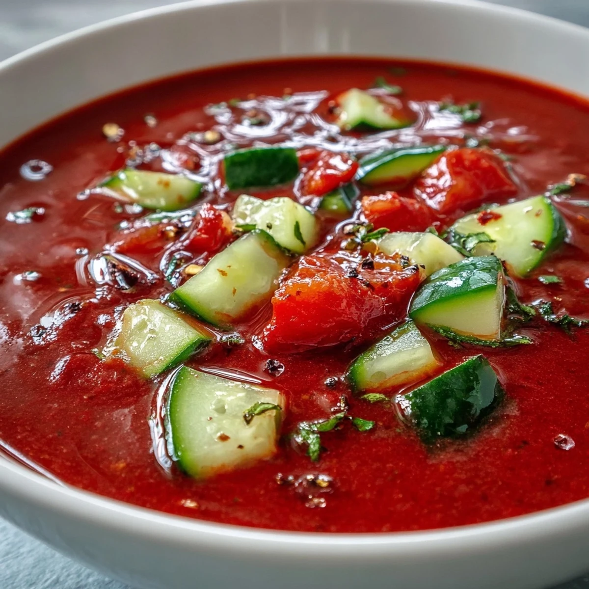 Creamy gazpacho with garden-fresh vegetables, garnished with herbs and a drizzle of olive oil for a bright finish.