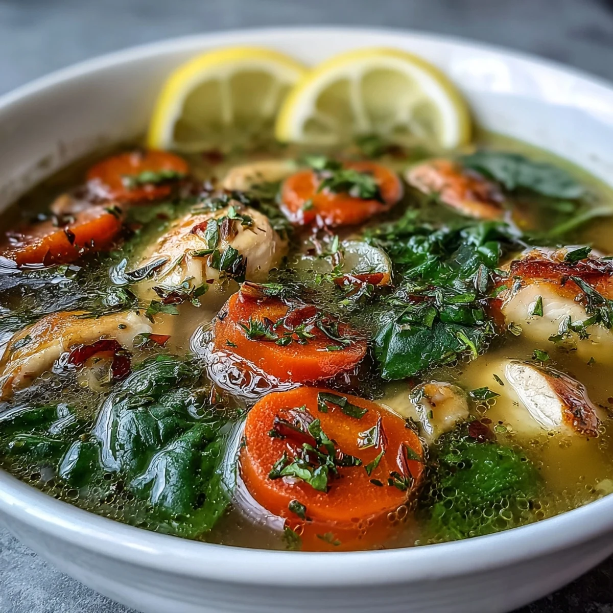 A vibrant bowl of One-Pot Chicken and Veggie Detox Soup, brimming with tender chicken, fresh vegetables, and a bright splash of lemon.