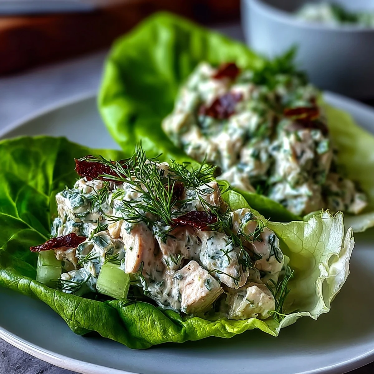 Colorful avocado herb chicken salad spooned into lettuce cups, garnished with cherry tomatoes for added freshness.