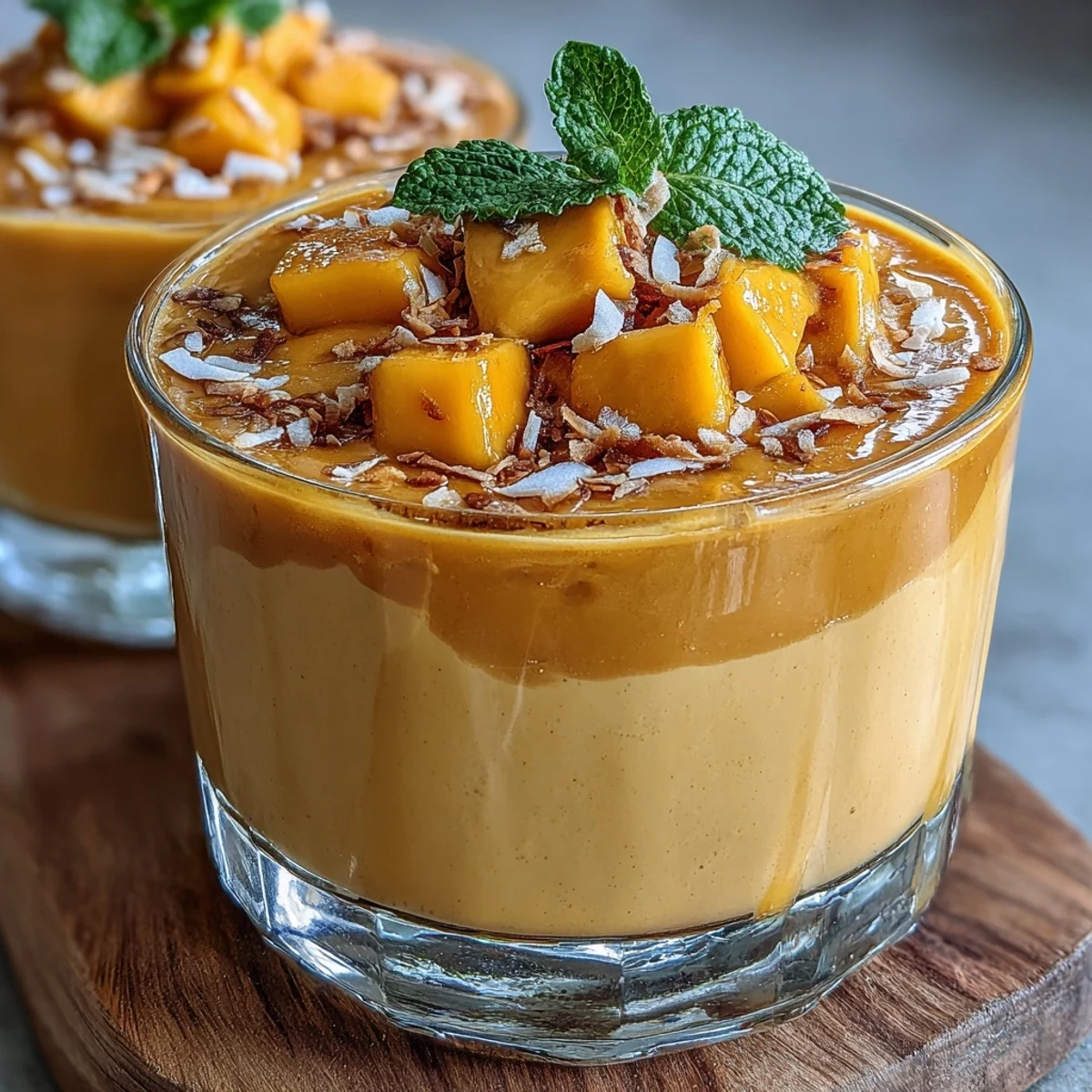 Vibrant vegan chia pudding cups layered with creamy coconut milk and fresh mango purée, topped with toasted coconut flakes.