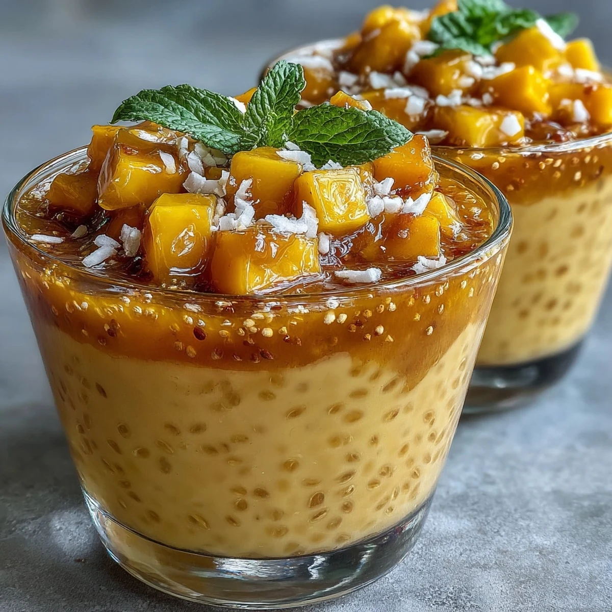 Creamy plant-based chia pudding with luscious mango purée and coconut milk, inspired by traditional mango sago desserts.