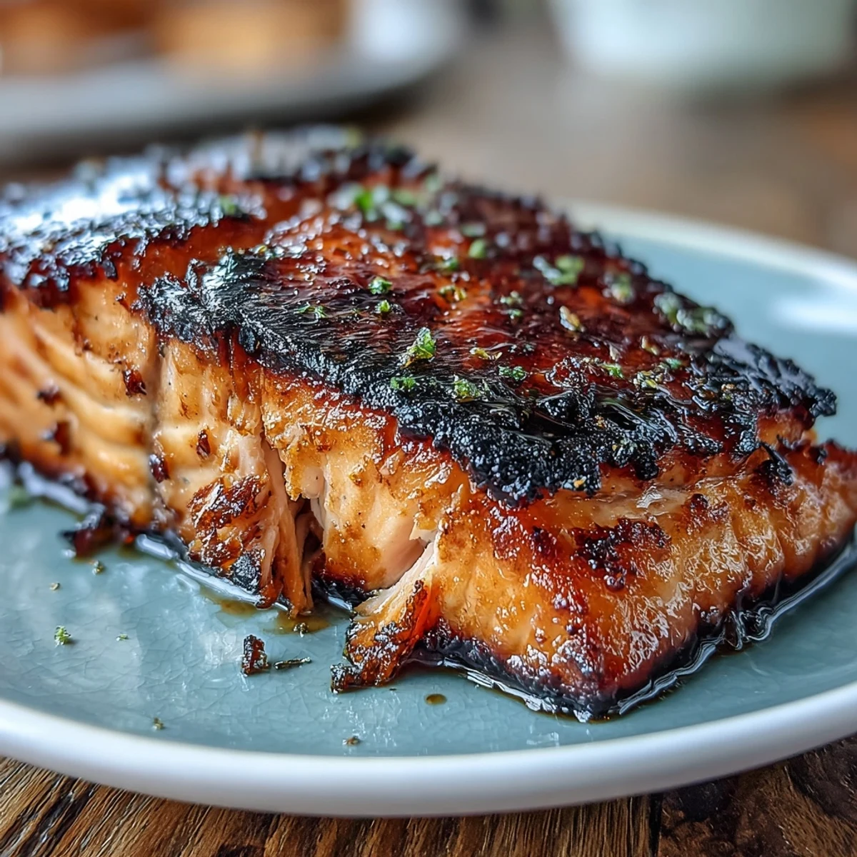 A golden-brown keto salmon fillet with crispy skin served over vibrant lemon garlic asparagus spears.  