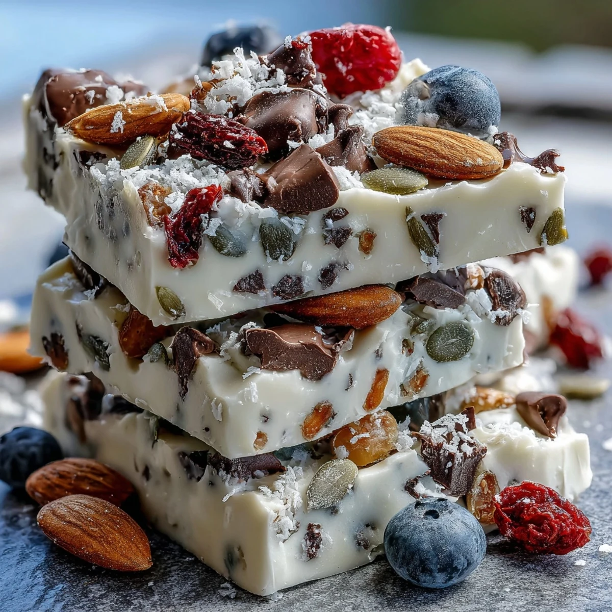 A vibrant breakfast bark made with creamy Greek yogurt, fresh berries, and crunchy seeds for a protein-packed start to your day.  