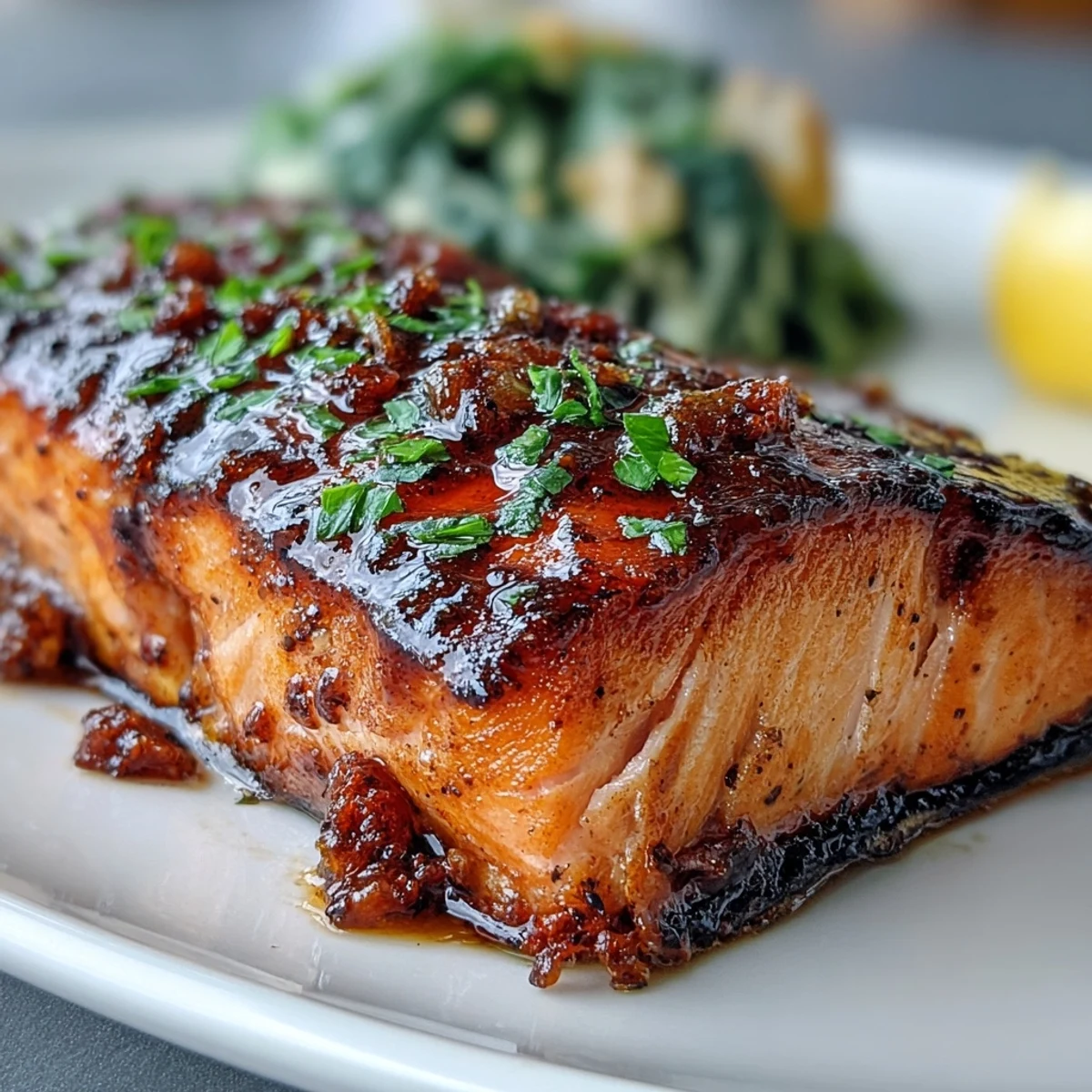 Texas Roadhouse Style Baked Salmon with a sweet and tangy honey-Dijon marinade, perfectly baked and garnished with fresh parsley.  