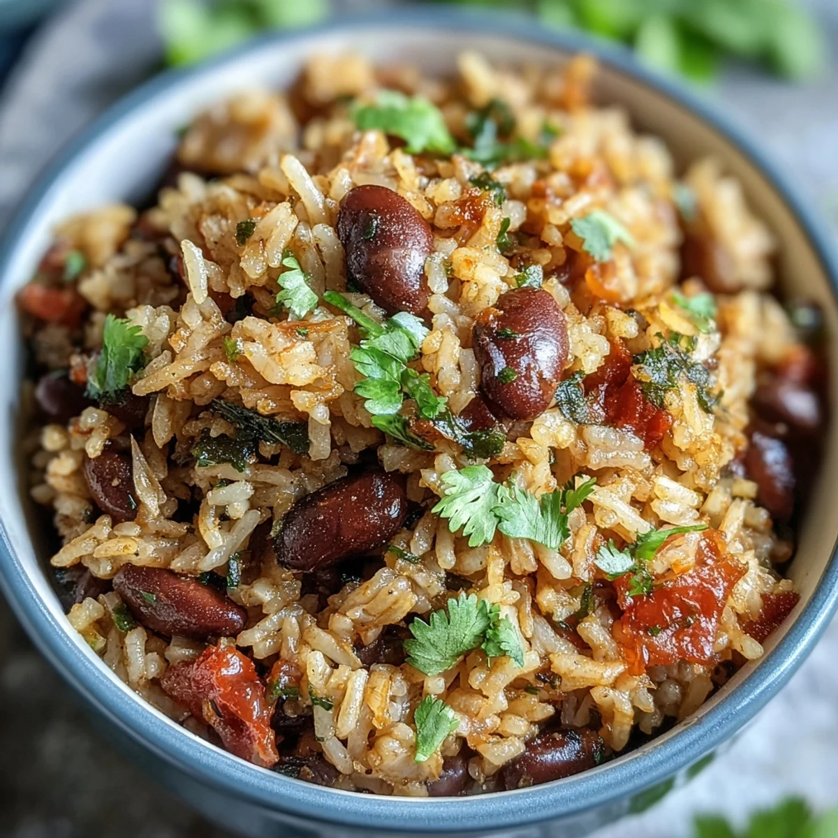 Hearty Spanish rice and beans dish with tender brown rice, savory black beans, and smoky spices, garnished with fresh cilantro.  