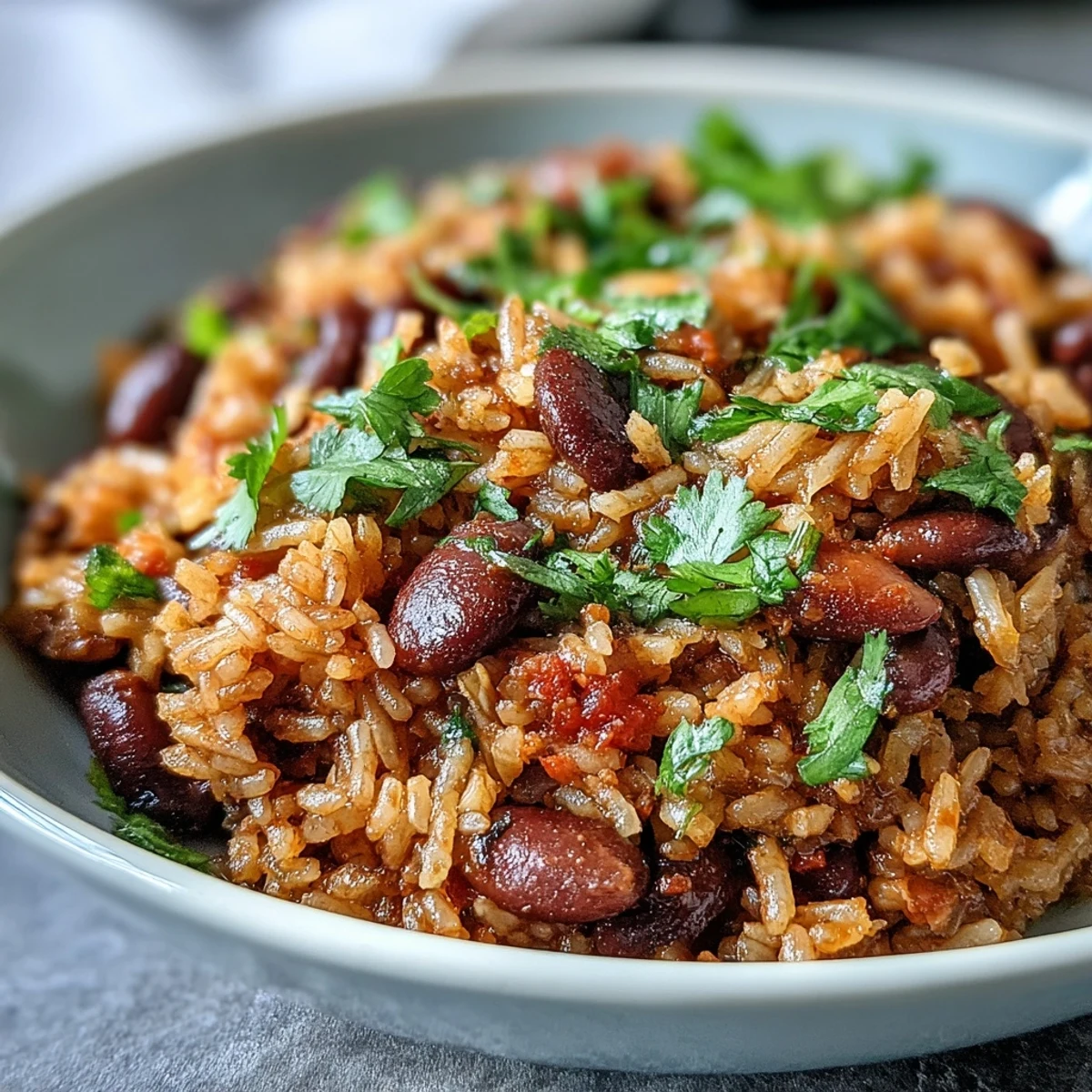 Vibrant Mexican-style rice and beans featuring aromatic cumin, smoked paprika, and tomato salsa, perfect for a filling vegan meal.  