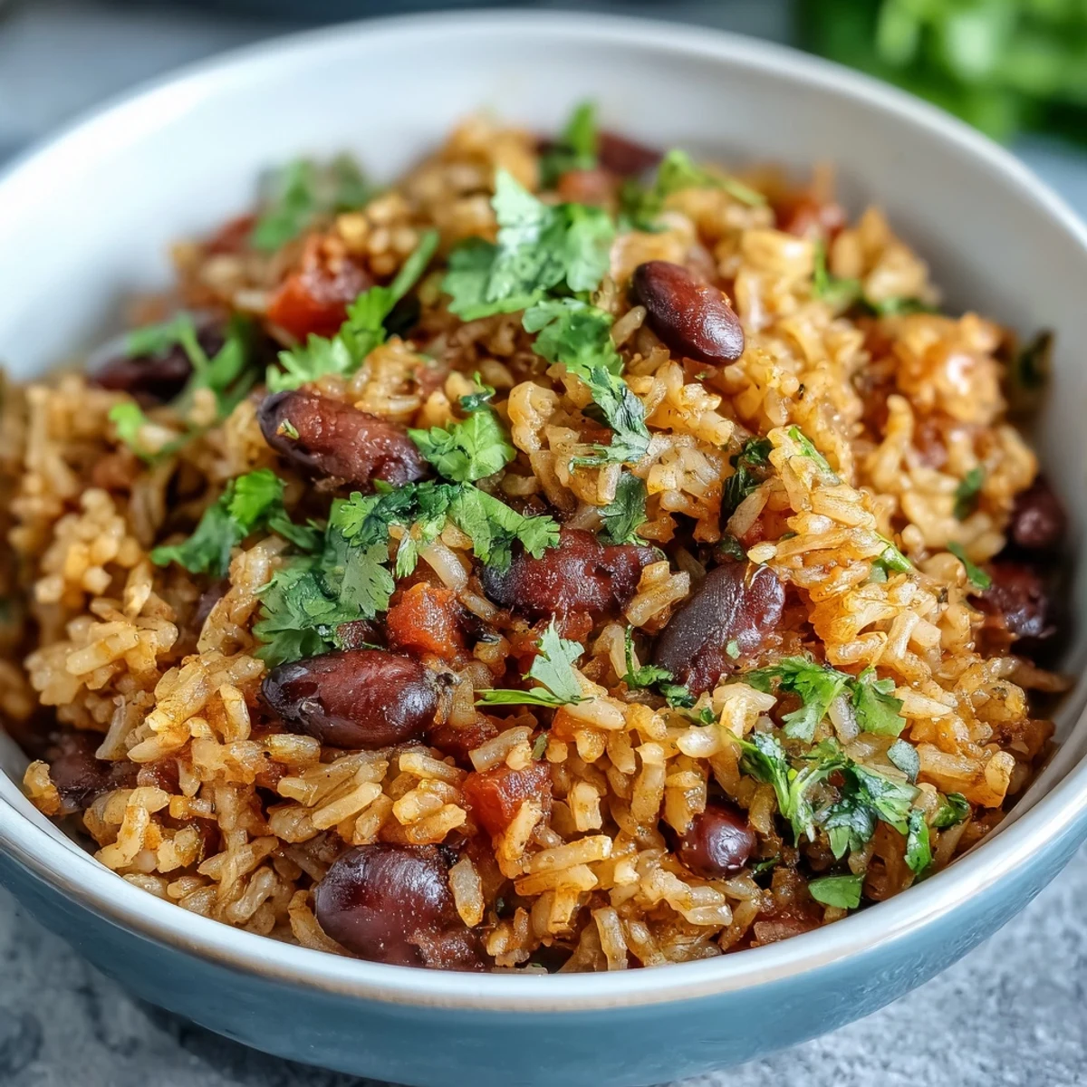 Flavorful Spanish rice and beans with sautéed onions, hearty beans, and colorful garnishes, ideal for family dinners or meal prep.