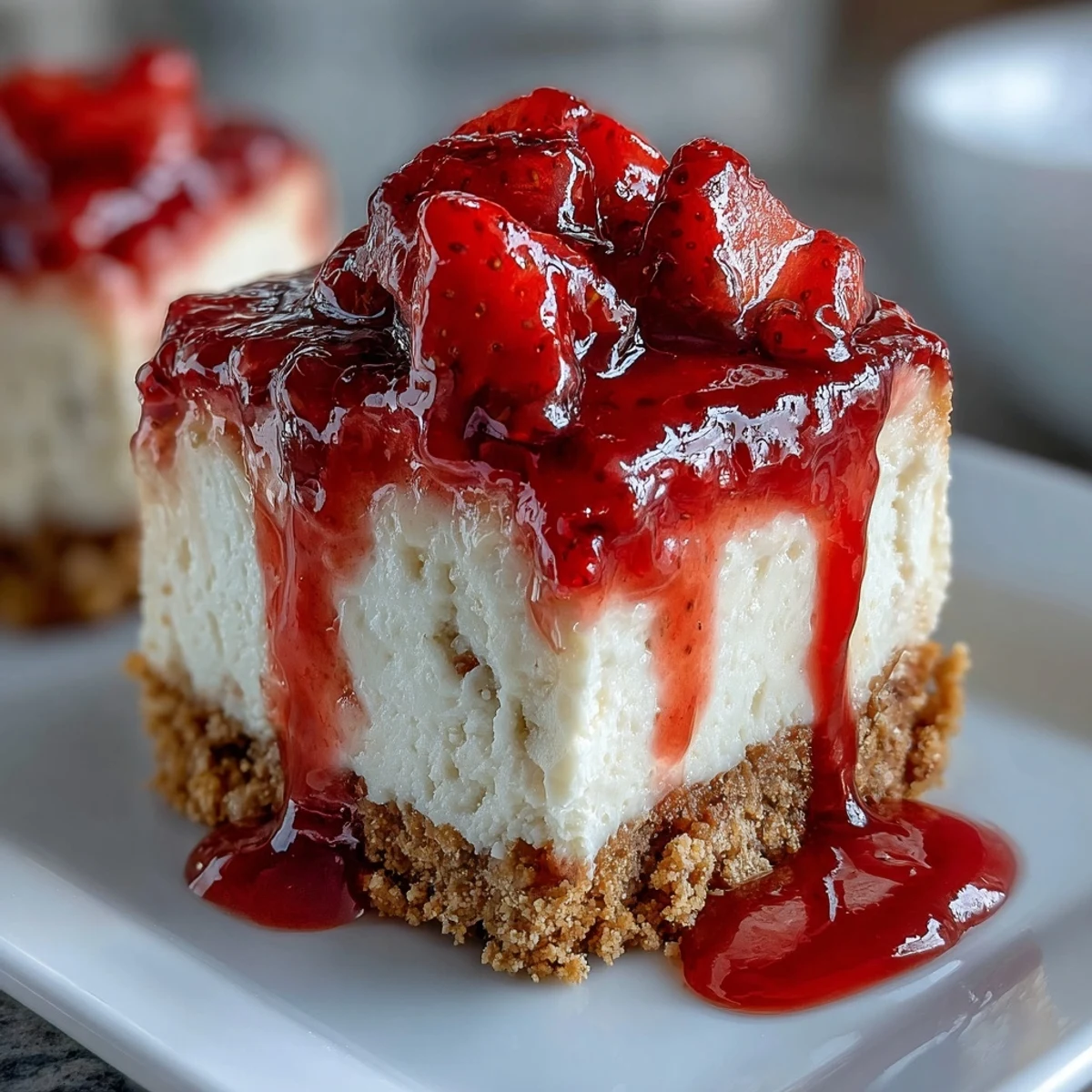 Delicious high-protein strawberry cheesecake bites topped with vibrant homemade strawberry sauce.  