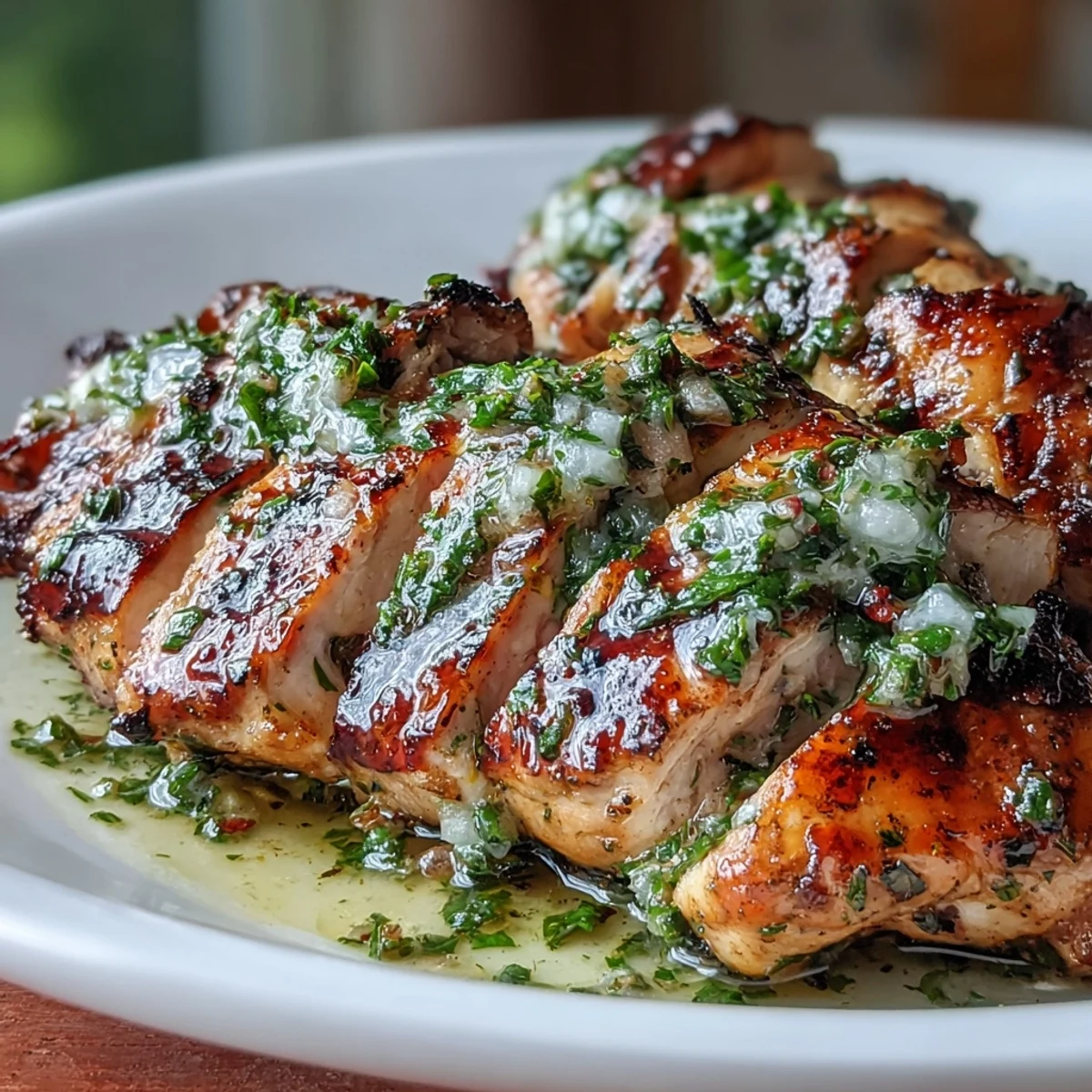 A colorful, wholesome Chimichurri Grilled Chicken Bowl topped with zesty chimichurri, sautéed greens, and juicy cherry tomatoes.  