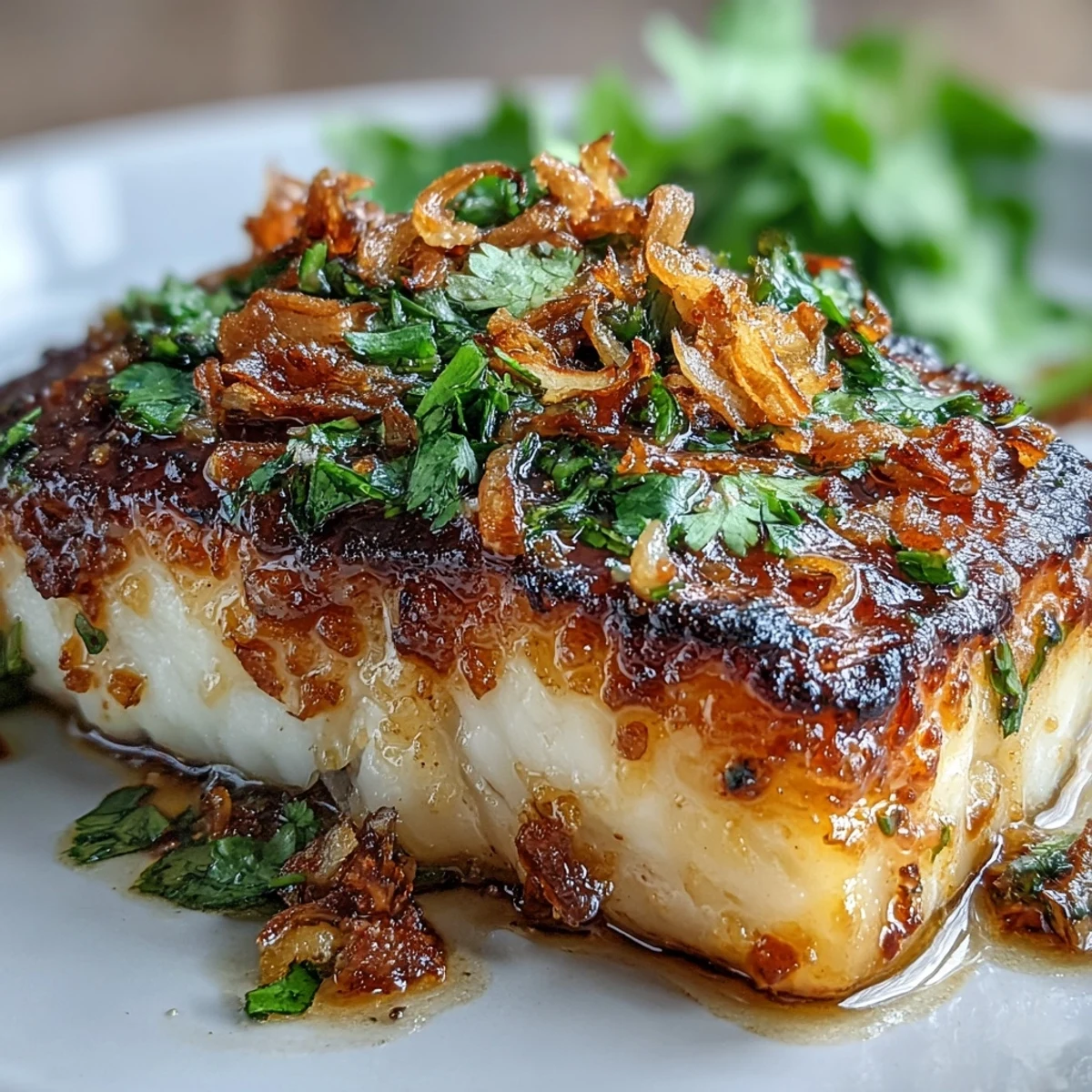 Elegant white fish served with a bright chilli-lime sauce, fresh cilantro, and crispy shallots, perfect for a gluten-free Thai-inspired main course.