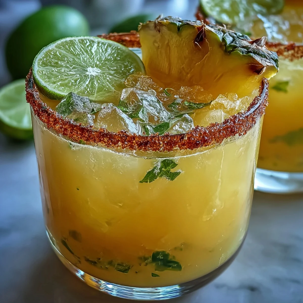 Tropical pineapple margarita mocktail in salt-rimmed glass with lime and pineapple garnish, bright and refreshing alcohol-free drink.