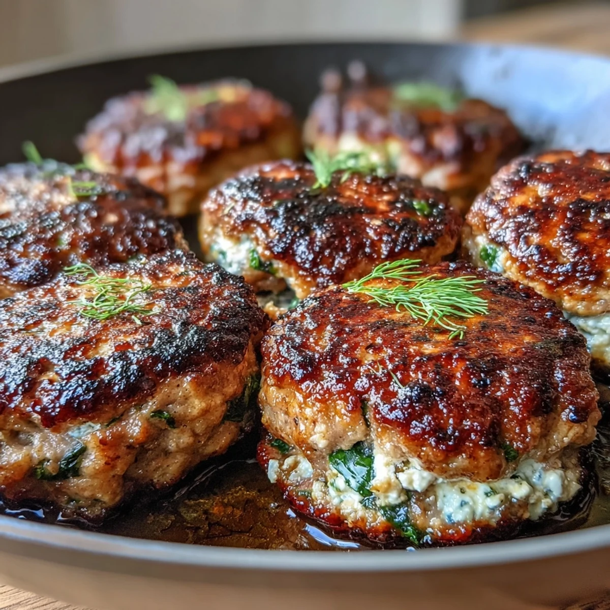 Juicy Greek turkey patties seasoned with fresh herbs, spinach, and feta cheese, served golden-brown and sizzling in a skillet. A healthy, Mediterranean-inspired main dish perfect for quick dinners.  