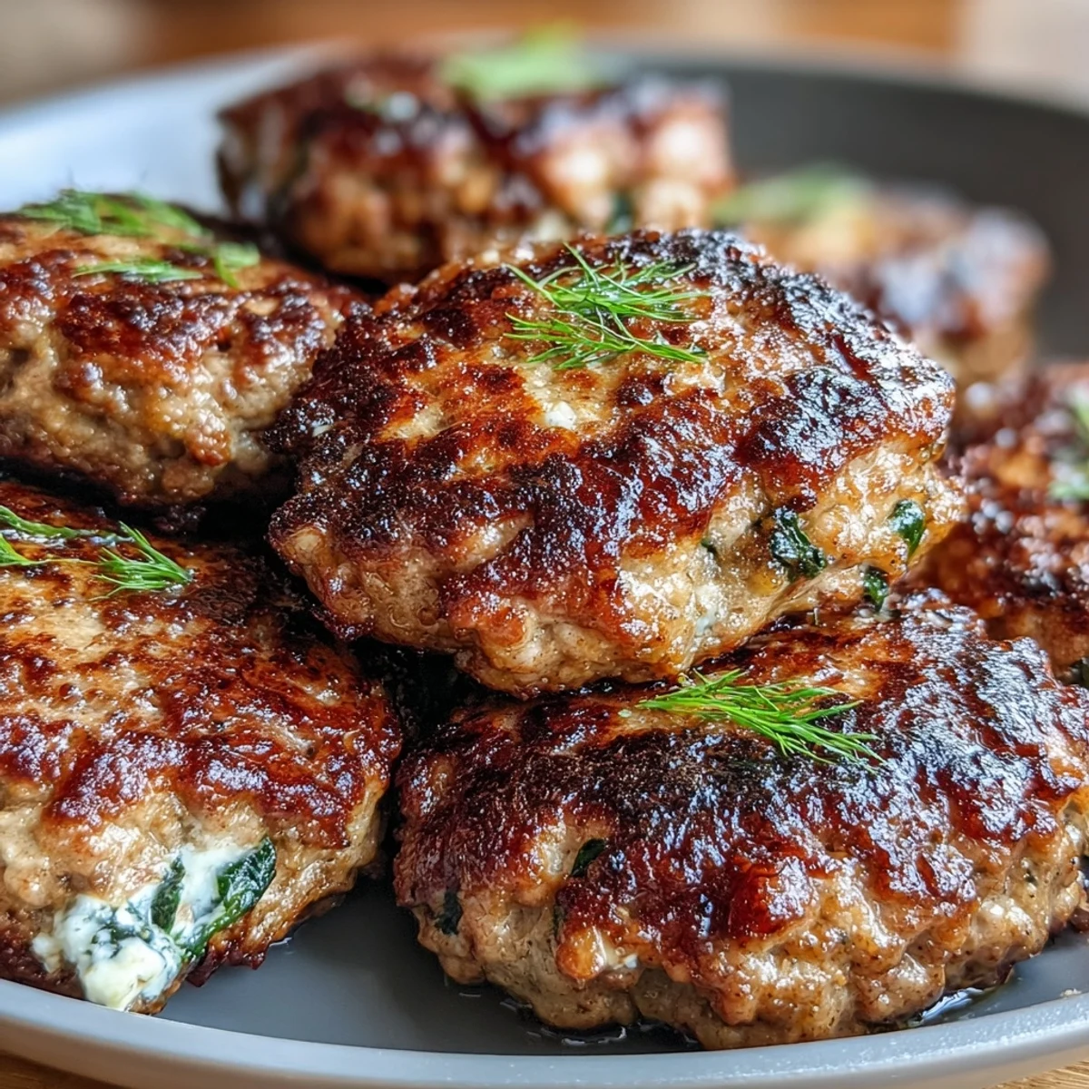 Flavorful turkey patties infused with dill, oregano, and feta, topped with fresh spinach and red onion, ready to serve with pita or roasted vegetables for a wholesome meal.  