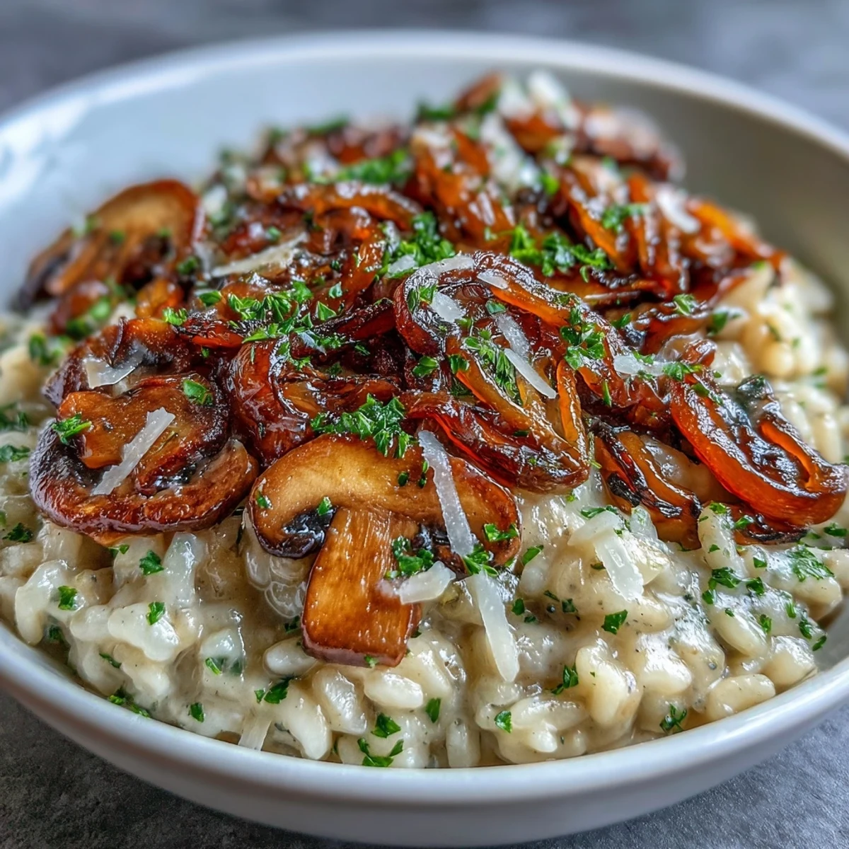 Velvety risotto featuring tender Arborio rice, caramelized onions, and sautéed mushrooms, garnished with fresh parsley and Parmesan.