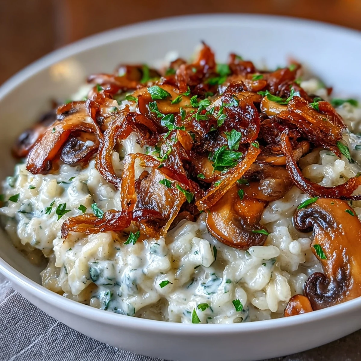 Rich and comforting risotto with sweet caramelized onions, earthy mushrooms, and a hint of garlic, perfect for a cozy dinner.  
