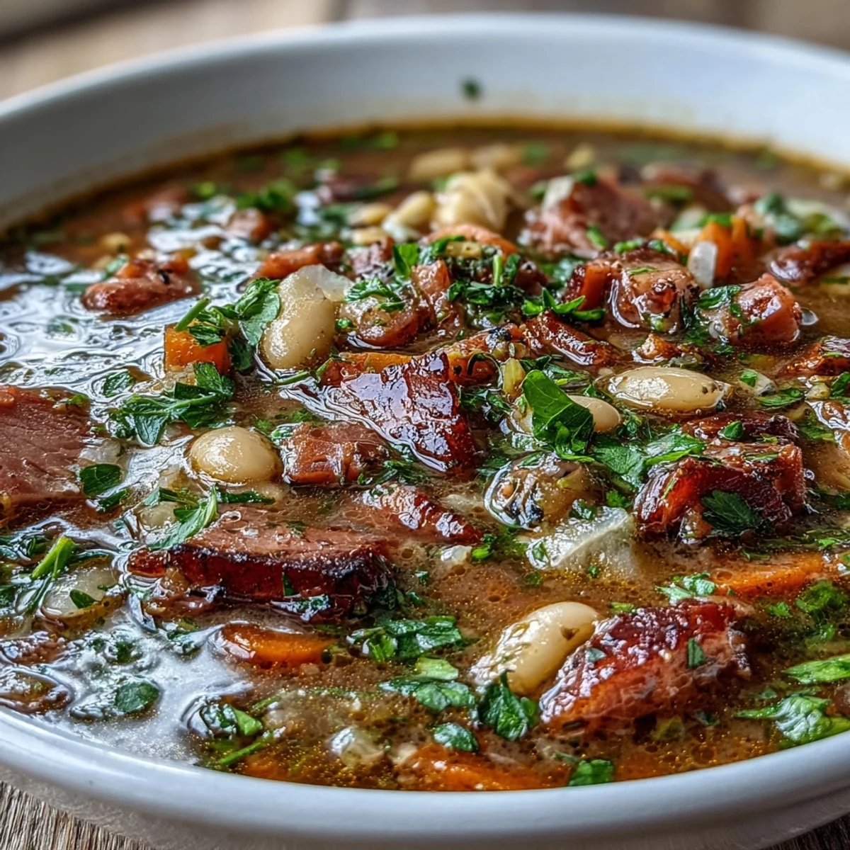 A steaming bowl of ham and cannellini bean stew, rich with tender ham chunks and creamy white beans in a savory tomato broth.