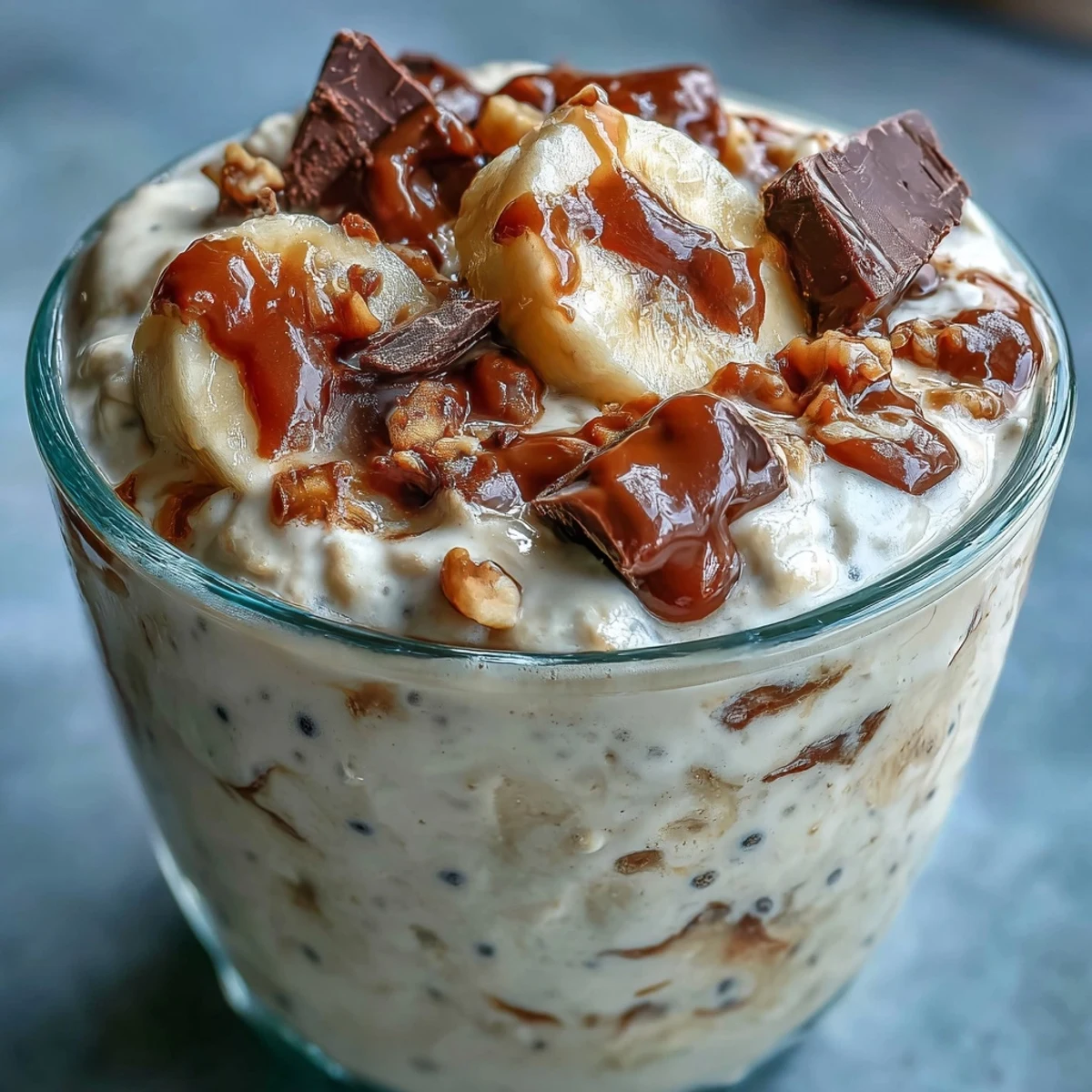 A breakfast jar filled with chilled oats, sweet banana, and decadent dark chocolate for a healthy start.