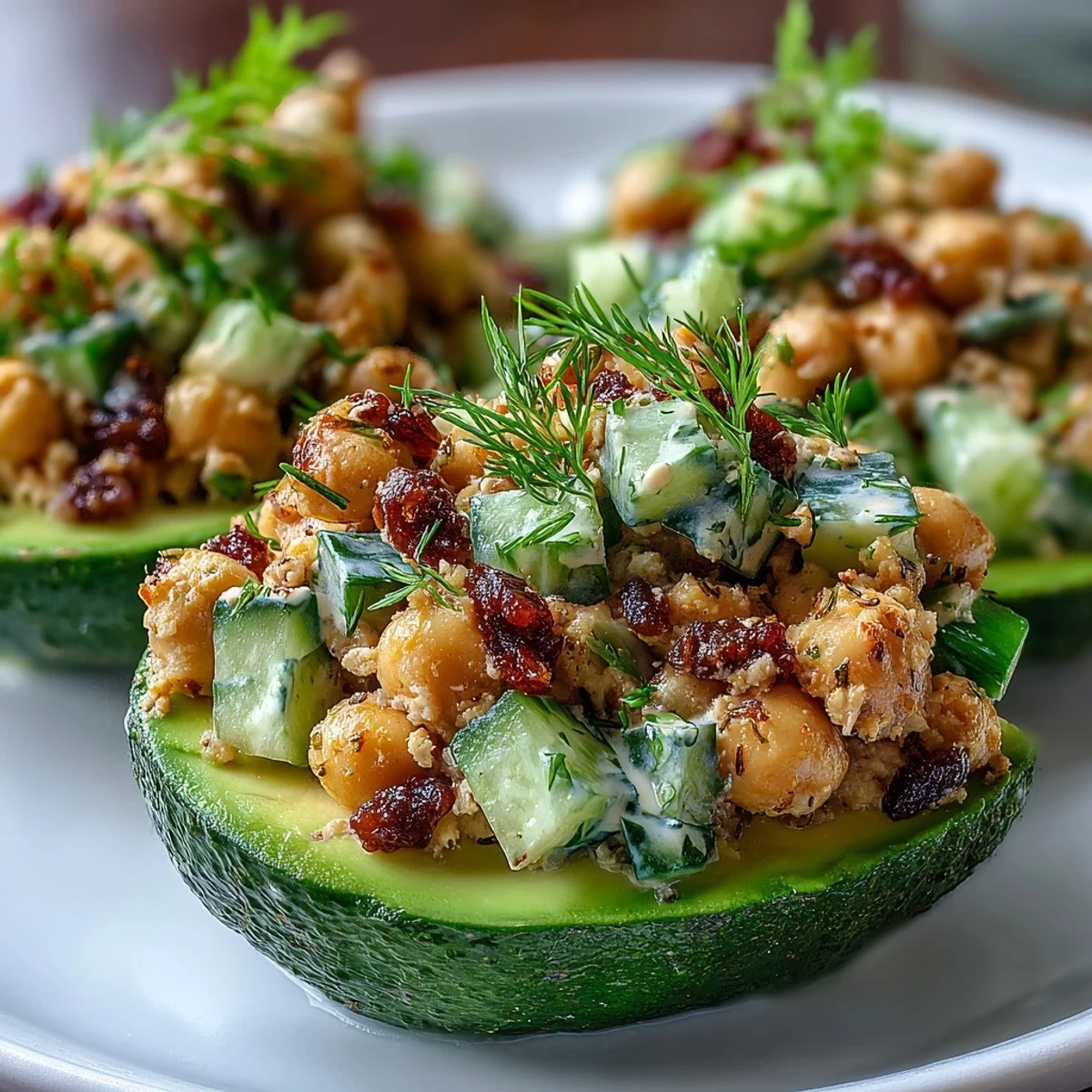 Vibrant vegan chickpea tuna salad spooned into ripe avocado halves, perfect for a light, plant-based meal.
