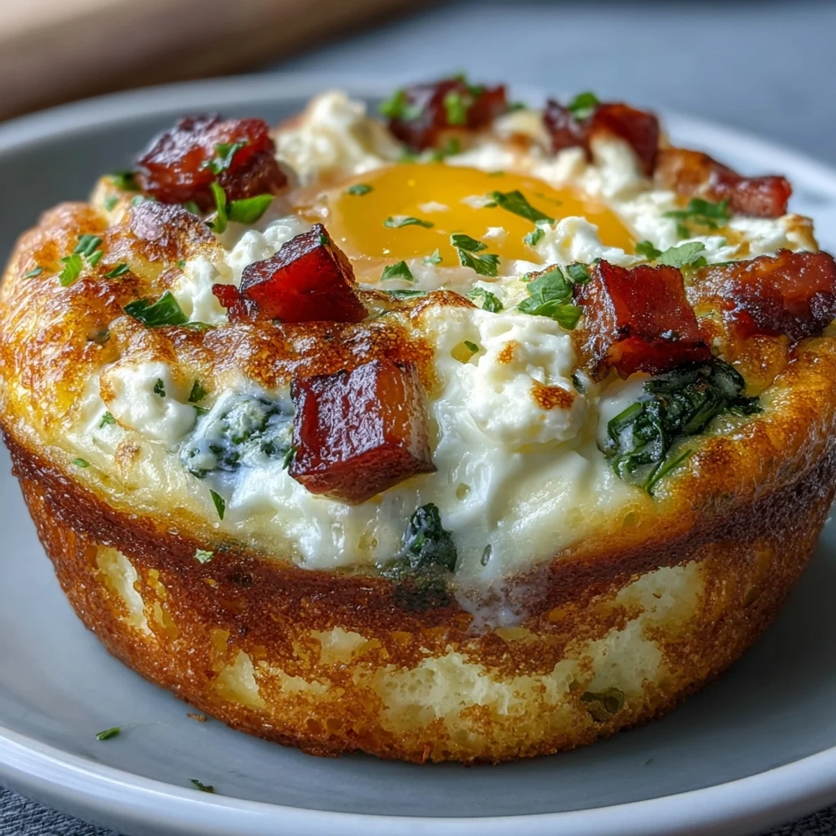 High-protein ham and veggie egg muffins with melty cheddar, colorful peppers, and fresh spinach baked to golden perfection.