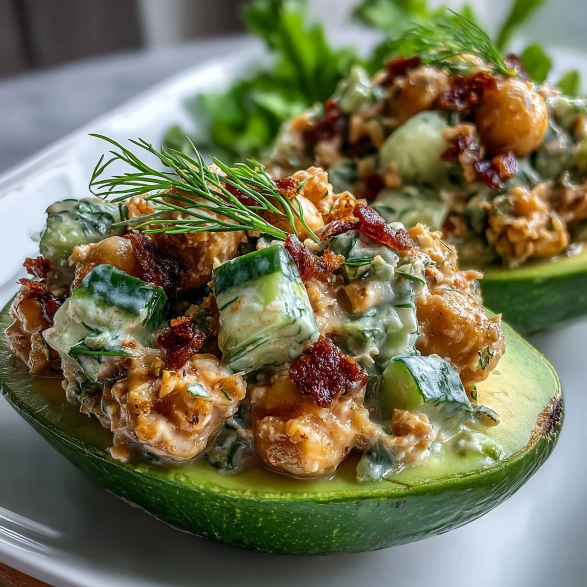 Creamy avocados stuffed with tangy chickpea salad, garnished with parsley and served on mixed greens.  
