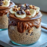 Creamy chocolate chia pudding topped with dark chocolate chips and chopped peanuts for a satisfying breakfast.