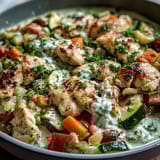 Hearty Creamy Ranch Turkey & Veggie Skillet served over pasta, garnished with fresh parsley on a rustic dinner table.