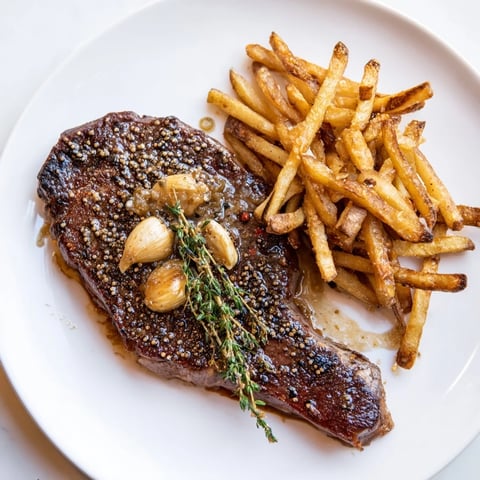 A close-up of a perfectly seared Classic Peppercorn Ribeye, glistening and flavorful, beside golden fries.