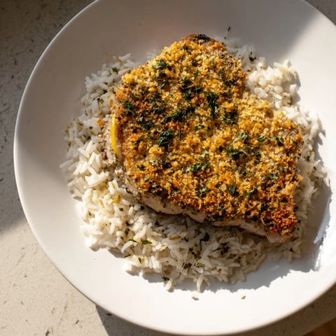 Golden-brown Parmesan Herb Pork Chops served steaming next to a fluffy bed of seasoned rice.