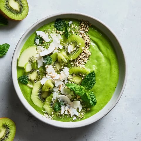 Vibrant green smoothie bowl with kale, cucumber, and kiwi, garnished with hemp seeds for a healthy breakfast.