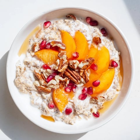 A colorful bowl of creamy overnight oats with persimmon, pomegranate, and chia seeds, a healthy breakfast.