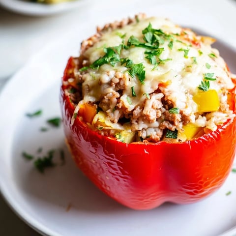 Vibrant image: baked Stuffed Peppers with melted cheese and savory ground turkey filling.