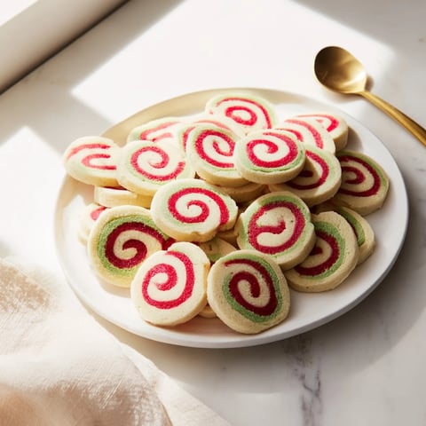 A plateful of dazzling Holiday Pinwheel Cookies, their festive spirals adding colorful Christmas cheer.