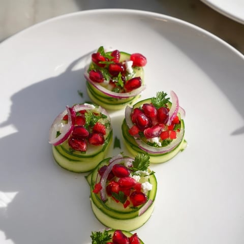 Healthy Cucumber Christmas Salad, a vibrant mix of cucumbers, pomegranate, and citrus dressing ready to serve.