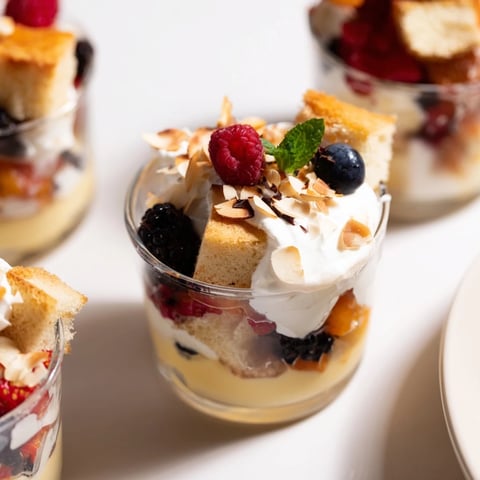 Vibrant Christmas Trifle Cups, layered with fruits, custard, cream, and adorned with chocolate shavings.
