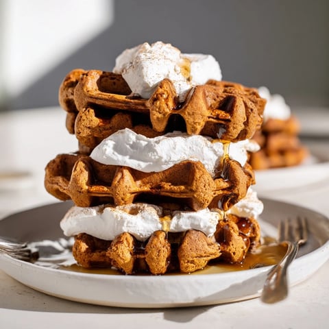 Golden, crispy Express Gingerbread Waffle Stacks, layered high with billowy whipped cream and warm syrup.