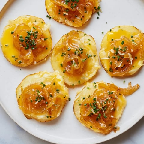 Golden French Onion Potato Bites appetizer, topped with perfectly caramelized onions, perfect for sharing and dipping.