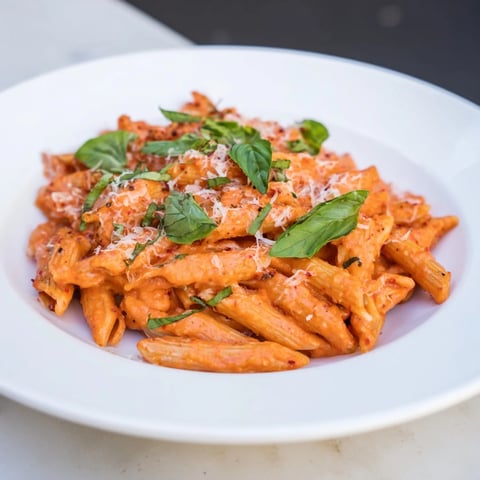 Steaming bowl of 15-Minute Creamy Red Pepper Pasta, topped with fresh basil and Parmesan cheese.