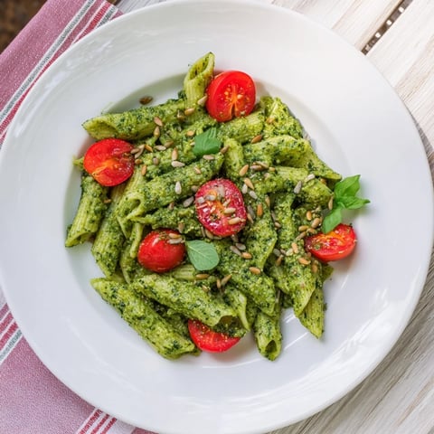Vegan Green Goddess Pasta, creamy and bright green, topped with tomatoes and pine nuts.