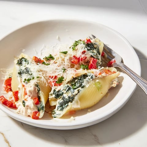 High-Protein Cottage Cheese Alfredo Christmas Shells, bubbly and cheesy, ready for a delicious holiday meal.