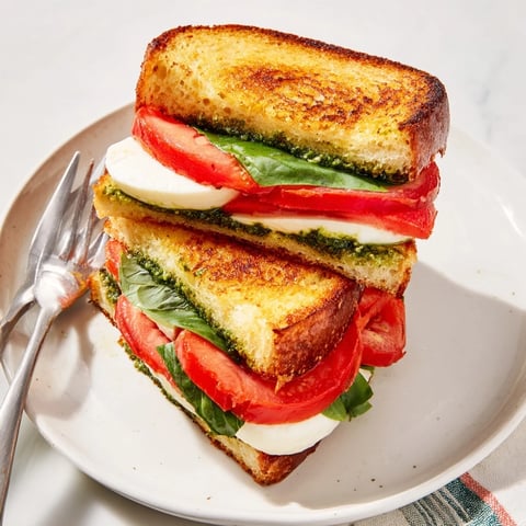 Golden, bubbly Caprese Pesto Panini-Style Grilled Cheese, oozing with melted mozzarella and fresh basil.