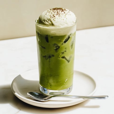 Iced Cinnamon Roll Matcha with Protein Foam, boasting creamy vanilla protein foam topping, a delicious and healthy treat.