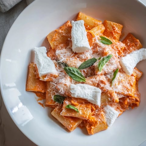 Creamy roasted red pepper Santa Hat Pasta, a festive vegetarian meal is topped with creamy ricotta.